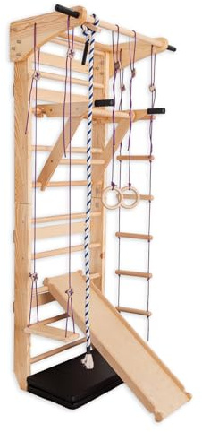 Scala svedese con barre parallele per bambini e adulti – Muro di Arrampicata in legno, attrezzatura fitness multifunzione con anelli, scivoli, altalena, corda da arrampicata e scala di corda