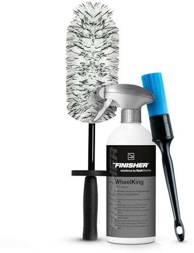 Rengöringsset för bilfälgar | THE FINISHER WheelKing fälgrengöring 500 ml med verksam indikator + mikrofiberfälgborste + fälgborste | stark mot bromsdamm och flyggrost | fälgrengöringsset