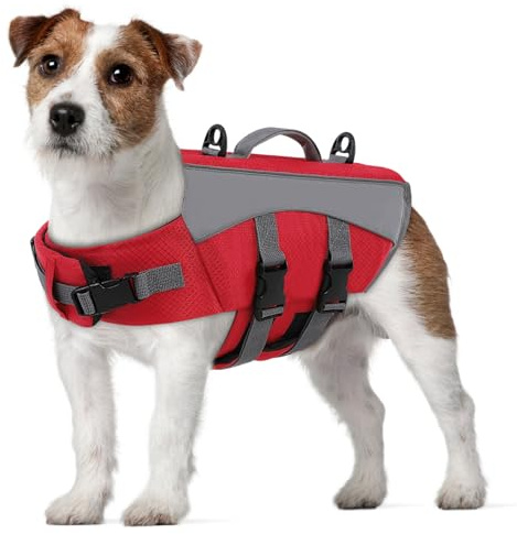 CITÉTOILE Giubbotto Salvagente per Cani - Giacca Galleggiante Riflettente con Maniglia, Galleggianti e Cinture Regolabili per Sicurezza in Acqua, Piscina, Rosso, S