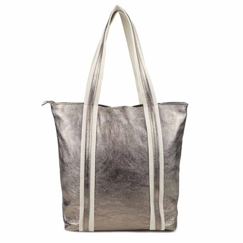 OBC Made IN Italy XXL Damen METALLIC Leder Hand-Tasche Shopper Schultertasche Umhängetasche Ledertasche Reisetasche Chapmagne