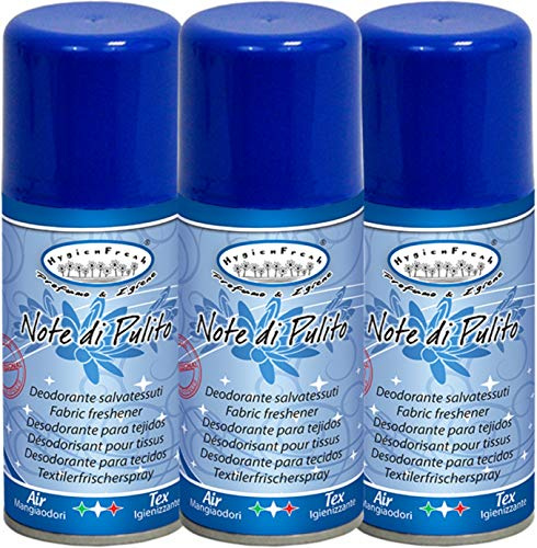 HygienFresh Note di Pulito Spray Deodorante Auto Tessuti Profumatore Bucato Lavatrice Profumo Armadio Cattura Odori Ambiente Vestiti Asciugatrice 3x150ml