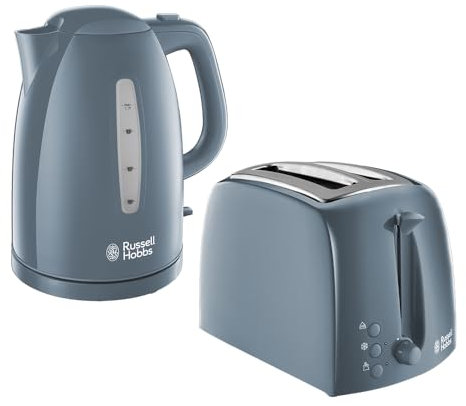 Russell Hobbs 21274 Textures Kettle, Plastic, 3000 W, 1.7 Litres, Grey with Hobbs 21644 Textures Toaster, Plastic, 850 W, Grey