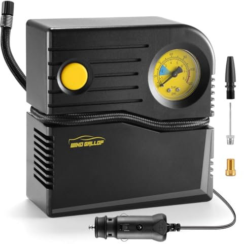 WindGallop Mini 12v Kompressor Auto Luftpumpe Autoreifen Pumpe Reifen Pumpe für Auto Elektrische Luftkompressor Analogue Reifenfüller mit Reifendruckmesser und Ventiladaptern (Gelb)