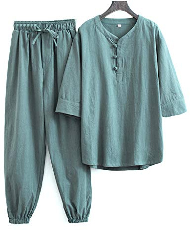 QPZK Women Zen Meditation Uniform Cotton Linen Tai Chi Uniform Short Sleeve Kung Fu Clothing Green-M