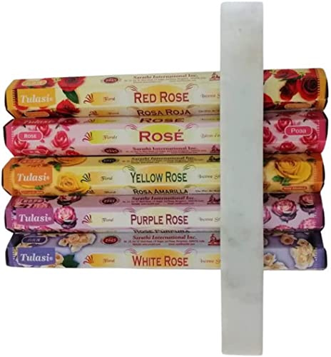 Blandning Natural Rökelseblandning av Rose Aromaterapi - 5 förpackningar med 20 st vardera + Rökelsehållare Rökelsehållare i vit marmor 26 x 3,5 cm. - Robust och elegant rökelsehållare