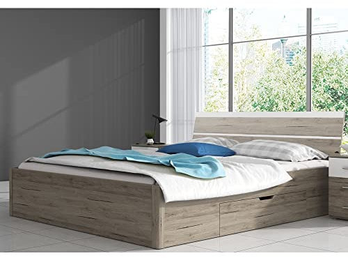 Lomadox Doppelbett mit Schubkästen Liegefläche 180x200 cm in Sanremo Eiche hell Nb. mit weiß, B/H/T: ca. 188/92/218 cm