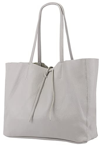 SH Leder ® Damen Echt Rindleder Shopper in Querformat mit Innentasche in vielen Farben Schultertasche Henkeltasche 30x37cm Maja G514 (Hellgrau)