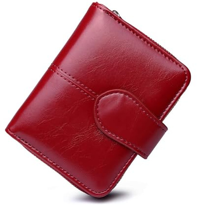 Vllcsla Wallet for Women Small Size Cute, Compact Purse with Photo ID Window, Zip Coin Pocket, Credit Card Slots, Ladies Short Zipper Around Clutch, Bi-fold Leather Wallet Purses, Red