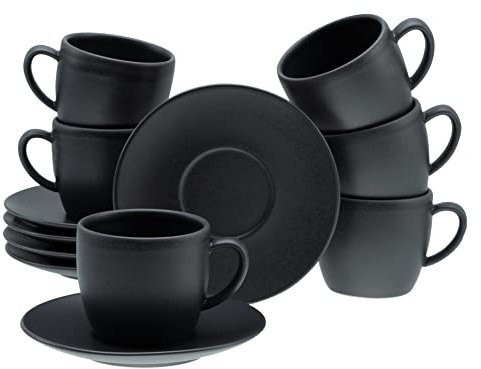 CreaTable, 33043, Serie Soft Touch Black, 12-teiliges Geschirrset für 6 Personen, Cappuccino Set aus Steinzeug, spülmaschinen- und mikrowellengeeignet, Made in Europe