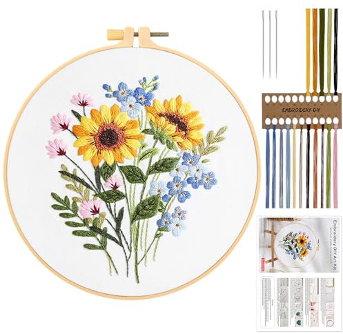 JSRQT Ricamo Starter Kit per Principianti, Kit Iniziale per Ricamo a Gamma Completa, Kit Punto Croce con Stampato con Motivo Floreale, Embroidery Kit da Ricamo Fatto a mano Compreso Aghi e Fili