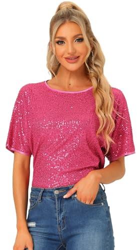 Allegra K Blusa de Manga Corta con Lentejuelas para Mujer Camiseta de Fiestas con Cuello Redondo Clubwear Top Disfraz de Navidad Rosa Caliente XS