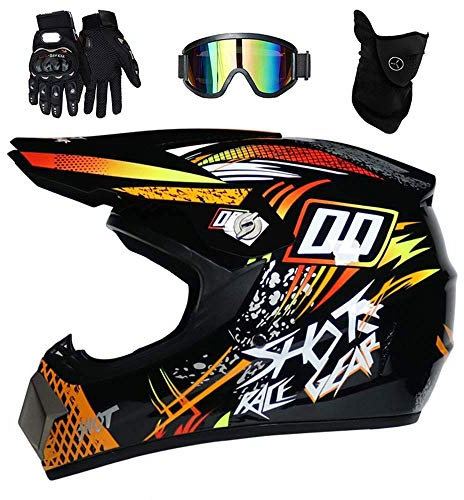 Adult Motocross Helmet Set, with Gloves Goggles Mask, Youth Kid Full Face MTB Off Road Motorbike Go Karting Crash Helmet, ATV MX Downhill Quad Dirt Bike Enduro Racing Helmet (Color : Orange, Size :