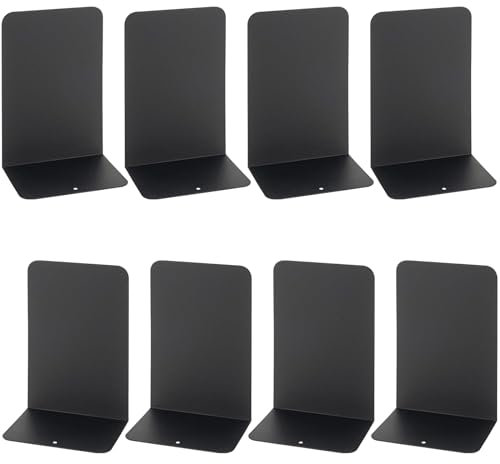 8Pcs Book Ends - Black Decorative Metal Bookends, Heavy Duty Book Ends for Shelves, Book Holder with Non-Slip Rubber Pad, Book Divider Stopper Organiser Desktop Shelves for Home,Office,Library, School