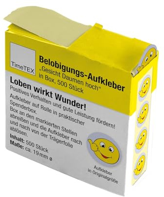 TimeTEX – Belobigning-klistermärke ansikte tumme hög | lärarklistermärken för motiverande feedback | 500 klistermärken i praktisk dispenserbox | 1 motiv | 19 mm ø