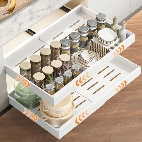 beibijio Cajón Telescópico, 32-52cm Cajones Extraíbles de Ancho Ajustable, Organizador de Armario Extensible con Sistema de Rieles, Cajón de Armario de Cocina Versátil para Organizador (2)