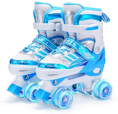 Kinder Rollschuhe für Mädchen Jungen Verstellbare, 8 Light Up Räder Quad Skates für Mädchen Jungen Kleinkind Anfänger Innen und Outdoor (Blau, S (EU28-32))
