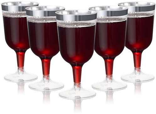 MATANA 24 Elegantes Copas de Vino de Plástico Duro Transparente con Borde Plateado (170ml) - Resistentes y Reutilizables - Cumpleaños, Bodas, Navidad, Barbacoas, Fiestas