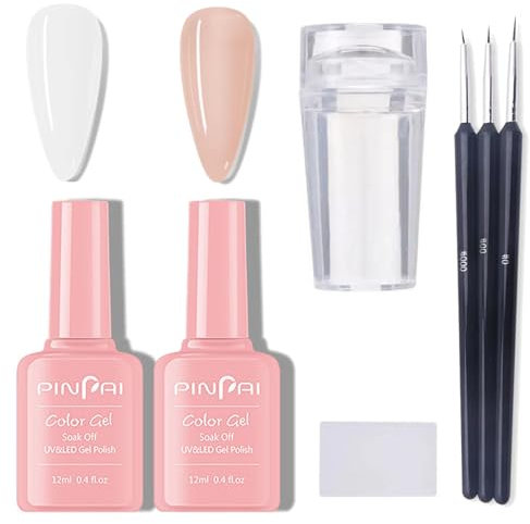 French Manicure Gel Polish Set - White & Nude UV Gel Polish Kit with Nail Stamper & 3-Piece Nail Art Pen, Long-Lasting for Home DIY Salon
