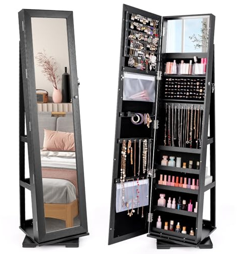 GOPLUS Armoire à Bijoux avec Miroir Plein Longueur, Armoire à Bijoux Pivotante sur Pied avec 3 Étagères de Rangement, Serrure, 3 en 1 Organisateur de Bijoux pour Maquillage, Habillage (Noir)