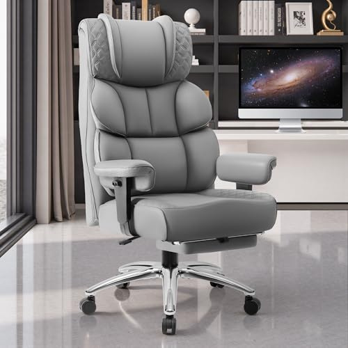 BestGlory Office Desk Chair, Big and Tall Leather Gaming Chair with Footrest, Wide Ergonomic Comfy Executive High-Back Reclining Computer Chairs, Swivel Rolling Wheels and Padded Lumbar Support, Gray