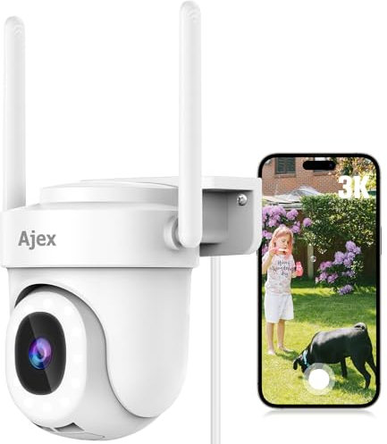 Ajex Cámara de vigilancia 3K para exteriores, wifi, pantalla de 360 grados, cámara PTZ con zoom digital de 5 x, visión nocturna, audio de 2 vías, IP66 impermeable