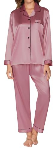 Reliwel satinpyjamas, dam, långärmad pyjamas-set med knappslå V-ringad, tvådelat nattkläder, mjuk sidenpyjamas, klassisk vardagskläder, hemmadräkt Pjs