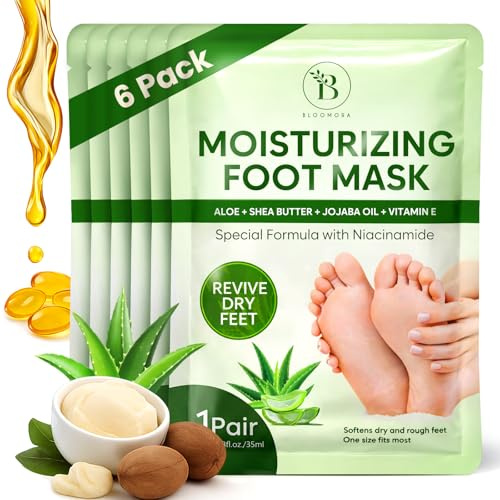 6 Paires Masque Pieds Hydratant à l’Aloe, pour Pieds Très Secs et Abîmés – Soin au Beurre de Karité, à l’Huile de Jojoba et à la Vitamine E, Foot Mask