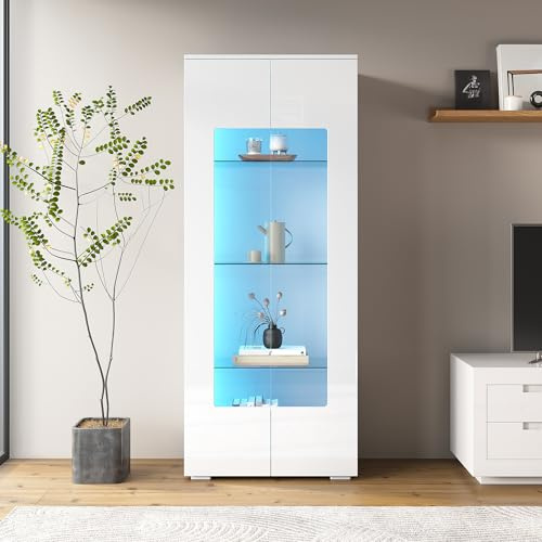 Vitrin 173 cm hög högglans vit med LED-belysning genomskinliga dörrar 4 nivåer tippskydd smal samlarvitrin stående vitrin figurer vardagsrum modern