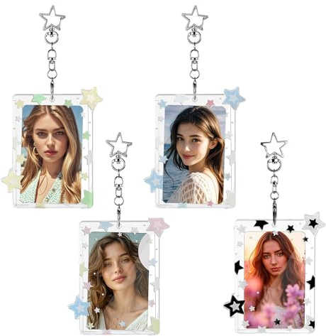 XFSRG 4 Pièce Étoile Photocard Holder Design de Mode Transparent Porte Carte Photo avec Porte Clés pour Photos Idole Cartes de Visite Badges