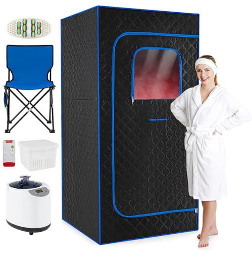 GOPLUS Sauna à Vapeur Portable 3L 1200W avec Chaise Pliable, Sauna à Domicile, 15 Niveaux de Température, Télécommande, Minuterie, Masseur de Pieds, Détoxification, 88x88x179 CM, Idéal pour Salon