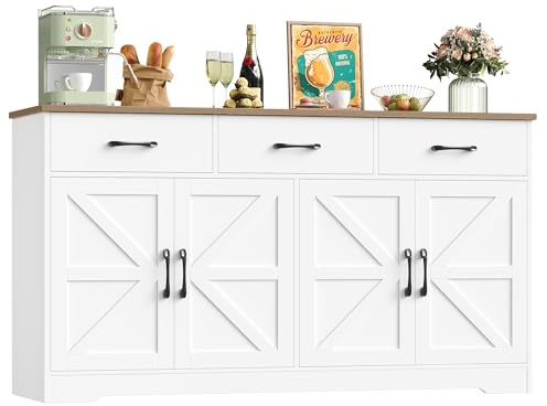 HOCSOK Aparador de cocina de 150 cm de ancho con encimera, blanco | Aparador con 4 puertas y 3 cajones, aparador de buffet para sala de estar, cocina, comedor, 150 × 81,5 × 38,5 cm