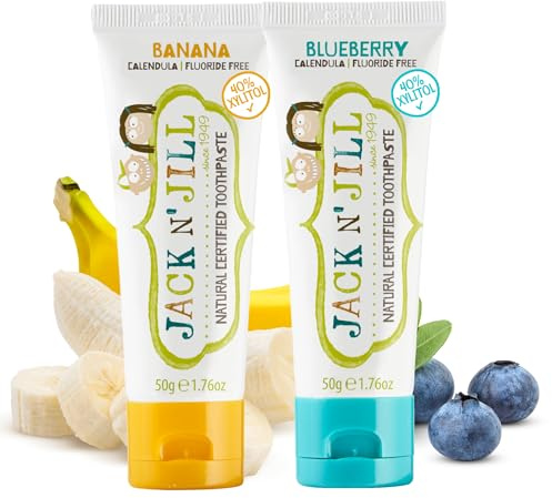 Jack N' Jill Natural Toothpaste for Kids - Fluoride Free Toothpaste, 40% Xylitol, BPA Free - Banana & Blueberry, 1.76 oz (Pack of 2)