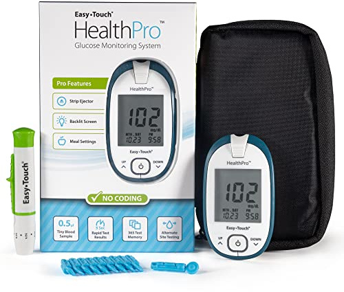 HealthPro Blood Glucose Monitoring System by EasyTouch – Easy-to-Read Backlit Display, Test Strip Ejector & Advanced Tracking, Includes Meter, Lancing Device & 10 Lancets (Test Strips Sold Separately)