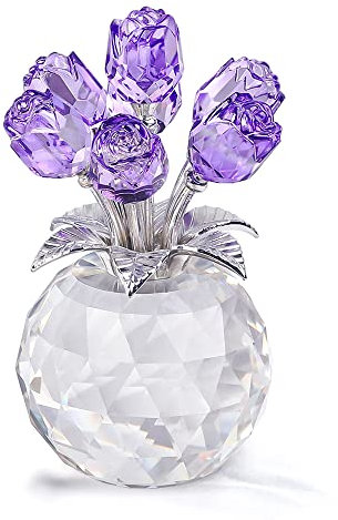 Crystal Purple Rose Bouquet Figurines Gifts for Women Valentine's Day, Glass Floral Ornament for Mother's Day Birthday Christmas Amethyst Collectible Rose Flowers Anniversary Floral Presents for Her