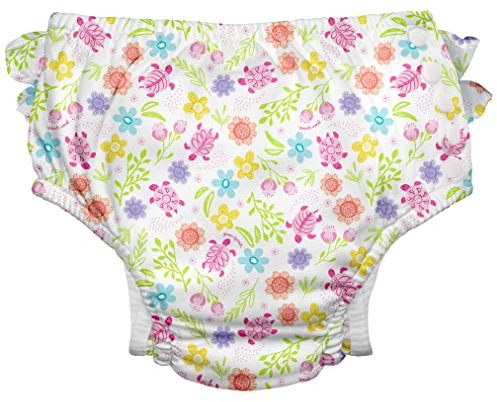 green sprouts - Eco snap Ruffled Swim Diaper with Gussets - White Turtle Floral - 12mo (6-12m)