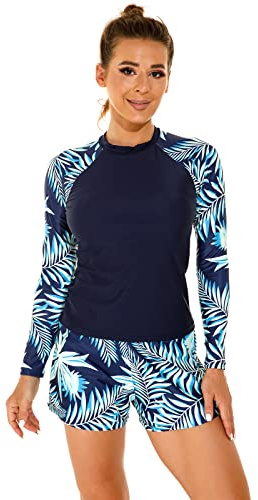 Odizli Maillot de bain à manches longues pour femme - Motif floral - Maillot de bain - Maillot de bain rashguard court, bleu marine, L