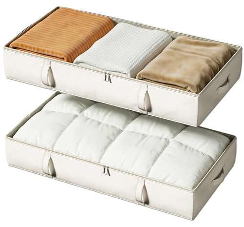 Vailando Side-Supported Under Bed Storage Containers, 6 Inches Tall 60L Underbed Storage Bins with Sturdy Handles and Sidewalls, Closet Organizer for Clothes, Blankets, Seasonal Items, Beige, 2-Pack