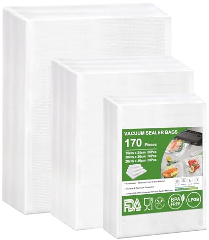 Omtofo 170 Beutel Vakuumierbeutel 15x25cm+20x30cm+28x40cm Geprägt, BPA-frei, Reißfest, Vakumierergerät Beutel für allen Heim-Vakuumierern, Profi Vakuumbeutel Lebensmittel Sous Vide Gefrierbeutel