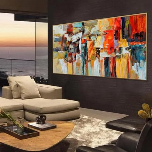 Pintura al óleo grande Vista de la ciudad abstracta Pintura en lienzo Cuadros Trabajo de arte de pared moderno para decoración de habitación Imagen floral 100x180cm/39x71in Sin marco