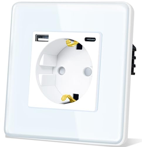 TAWOIA Schuko Steckdose Mit 20W(MAX 4A) USB Schnelllade Schnittstelle, EU-Standard 1 Fach Unterputz Mit 2,5D Curved Glas Platte, Wandsteckdose Weiß 86 * 86mm