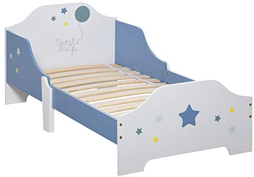 HOMCOM Lit pour Enfants, lit au Sol Enfant, de 3 à 6 Ans, 143 x 74 cm, Design étoiles, sommier à Lattes Inclus, pour Une Chambre d'enfant, Bleu Blanc
