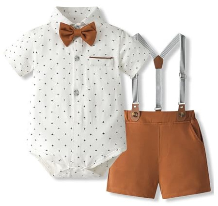 Volunboy Baby pojkar kostym set kläder skjorta med fluga hängslen shorts sparkdräkt kostym, Karamell, 18-24 månader