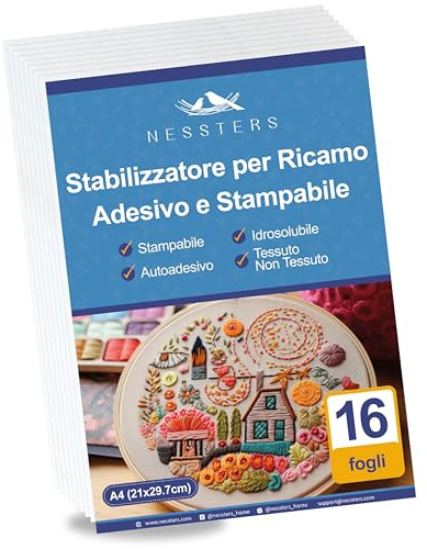 NESSTERS Papel para Bordar Soluble Adhesivo e Imprimible - 16 pcs A4 (21x29,7 cm) - 40 GSM, Estabilizador de Bordado Autoadhesivo para dibujar o imprimir patrones para bordar a mano o máquina