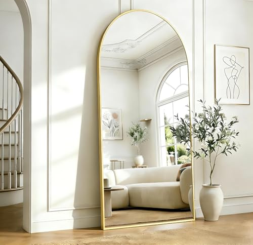KOCUUY Bogen Standspiegel, 180 x 66 cm Großer Gewölbter Ganzkörperspiegel, Groß Wandspiegel mit Gold Aluminium Rahmen, Hängend, Stehend, Kippbar, für Wohnzimmer, Schlafzimmer und Flure