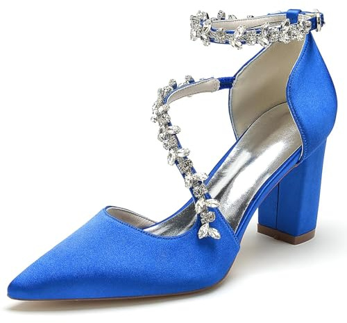 IvoireCh - Zapatos de novia de tacón grueso con punta puntiaguda para mujer, con cristales, tacón de bloque, para boda, 7.6 cm de tacón grueso con punta cerrada para novia, para egreso y fiestas de