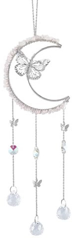 GORGECRAFT Acchiappasole A Forma di Luna in Quarzo Rosa con Farfalla in Argento con Sfera di Cristallo Sfaccettata con Catena per Appendere L'Arcobaleno per Lampadari da Giardino Patio Pareti Alberi