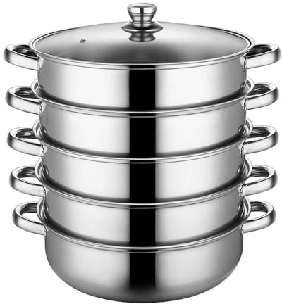 CCVVBFD Dampfgarer Topf, Mantowarka Induktion Dampfgarer 34cm, Dampfgarer Edelstahl Gemüsedämpfer mit 1 Pfanne und 4 Dämpfern, Induktion Kochtopf Dampfgarer Dampf Topf für Kochen,Silver-32cm