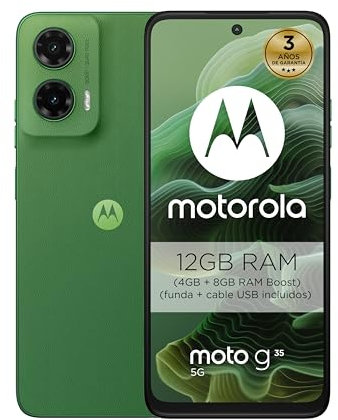 Motorola Moto g35 5G, 12GB (4GB+8GB RAM Boost)/128GB Verde, Pantalla FHD+ 6.72, cámara Dual de 50MP y Ultra Gran Angular, Selfie 16MB, batería 5000 mAh, Carga rápida de 18W