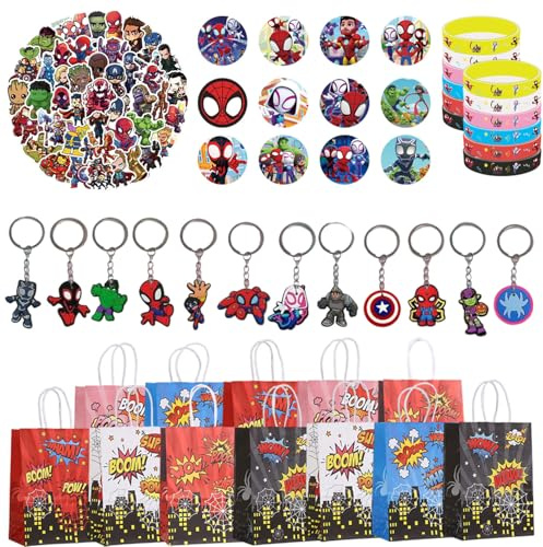 Yisound123 98 piece party bag filler set Party Bag Fillers, Party Favours Keychain Party Bags Button Pins Stickers Party Supplies Goodie Bag Fillers for (Red)