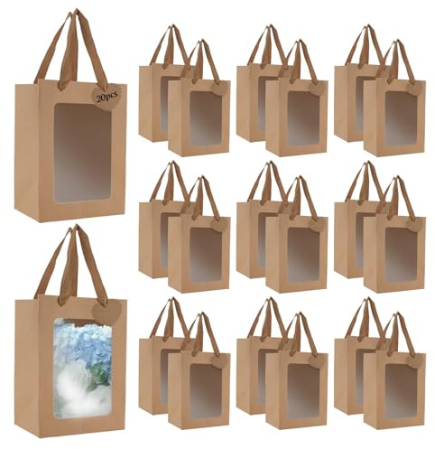 Jiayaus 20 Stück Geschenktüten, Papiertüten mit Henkel, 25x18x13cm Geschenktüten mit Fenster, Kraftpapier Tüten für Geschenkverpackungen Geburtstag Hochzeit Party Bankett